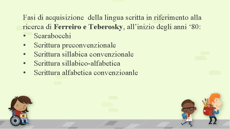 Fasi di acquisizione della lingua scritta in riferimento alla ricerca di Ferreiro e Teberosky,