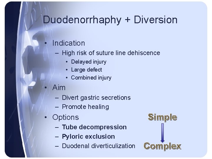 Duodenorrhaphy + Diversion • Indication – High risk of suture line dehiscence • Delayed Duodenorrhaphy + Diversion • Indication – High risk of suture line dehiscence • Delayed