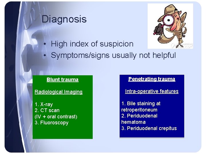 Diagnosis • High index of suspicion • Symptoms/signs usually not helpful Blunt trauma Radiological Diagnosis • High index of suspicion • Symptoms/signs usually not helpful Blunt trauma Radiological