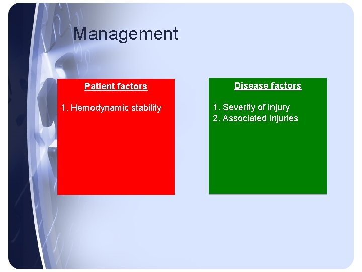 Management Patient factors 1. Hemodynamic stability Disease factors 1. Severity of injury 2. Associated Management Patient factors 1. Hemodynamic stability Disease factors 1. Severity of injury 2. Associated