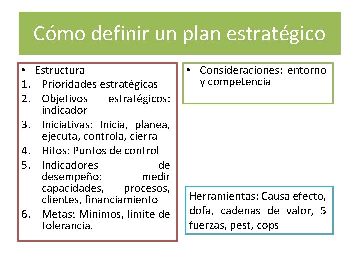 Cómo definir un plan estratégico • Estructura 1. Prioridades estratégicas 2. Objetivos estratégicos: indicador