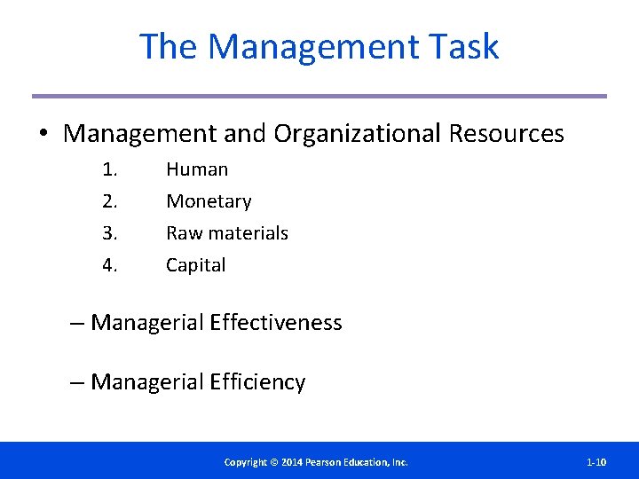The Management Task • Management and Organizational Resources 1. 2. 3. 4. Human Monetary