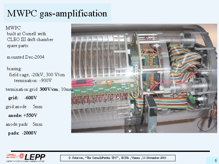 MWPC gas-amplification MWPC built at Cornell with CLEO III drift chamber spare parts. mounted