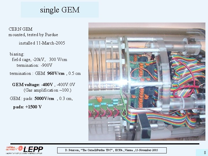 single GEM CERN GEM mounted, tested by Purdue installed 11 -March-2005 biasing: field cage,