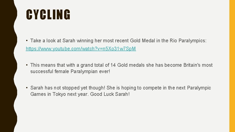CYCLING • Take a look at Sarah winning her most recent Gold Medal in