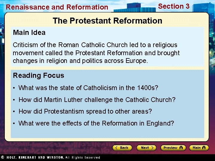 Renaissance and Reformation Section 3 The Protestant Reformation Main Idea Criticism of the Roman