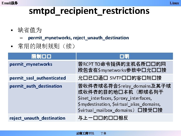 Email服务 smtpd_recipient_restrictions Linux • 缺省值为 – permit_mynetworks, reject_unauth_destination • 常用的限制规则（续） 限制�� �明 permit_mynetworks 若RCPT