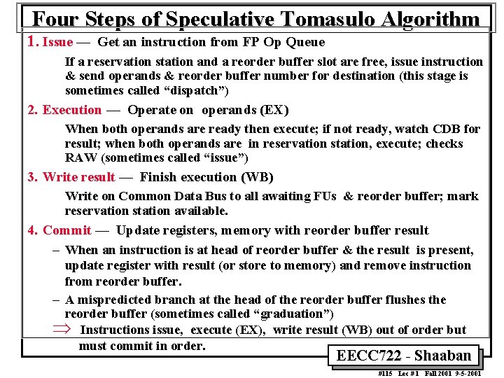 Four Steps of Speculative Tomasulo Algorithm 1. Issue — Get an instruction from FP