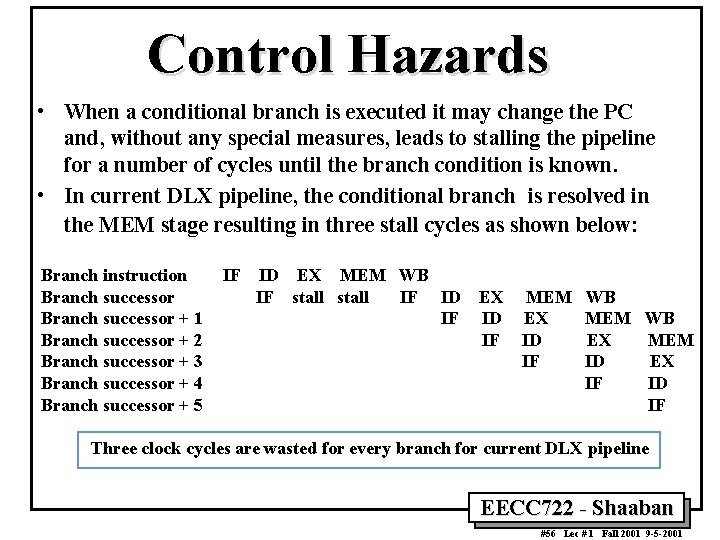 Control Hazards • When a conditional branch is executed it may change the PC
