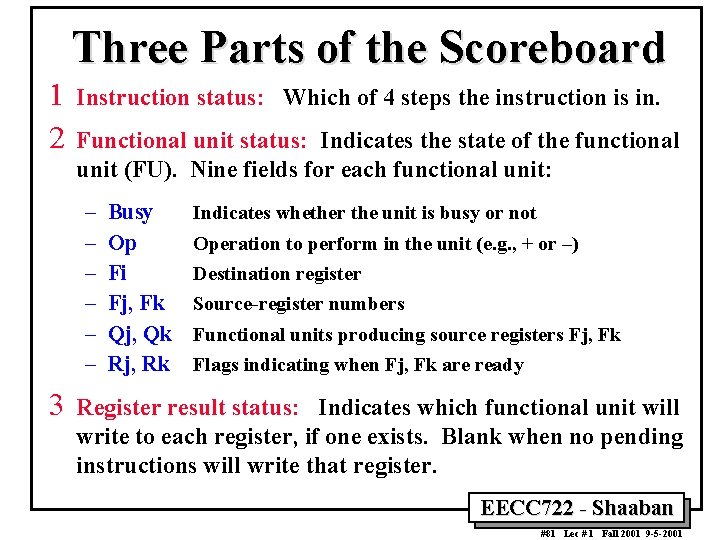 Three Parts of the Scoreboard 1 2 Instruction status: Which of 4 steps the