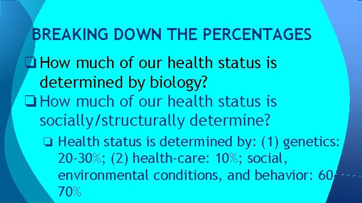 BREAKING DOWN THE PERCENTAGES ❏ How much of our health status is determined by