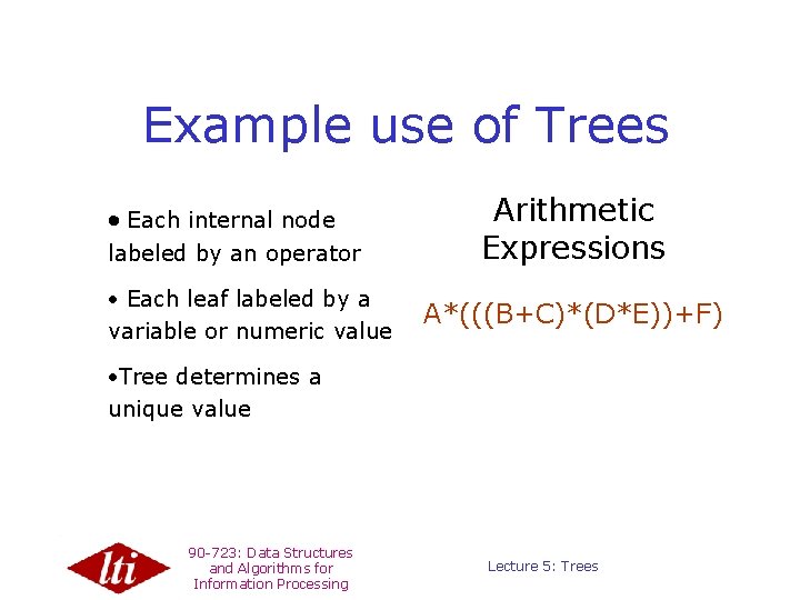 Example use of Trees · Each internal node labeled by an operator · Each
