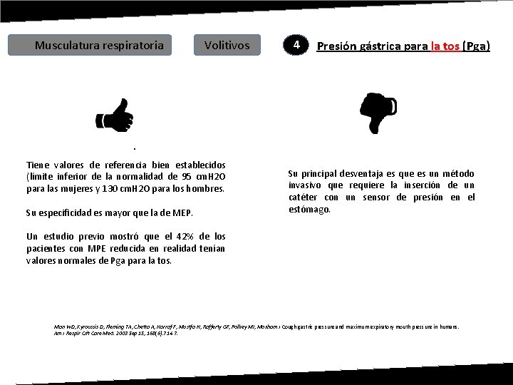 Musculatura respiratoria Volitivos 4 Presión gástrica para la tos (Pga) 1. Tiene valores de