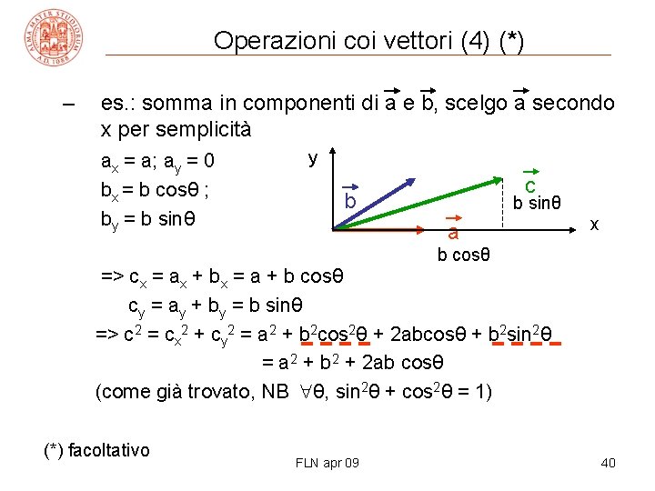 Operazioni coi vettori (4) (*) – es. : somma in componenti di a e