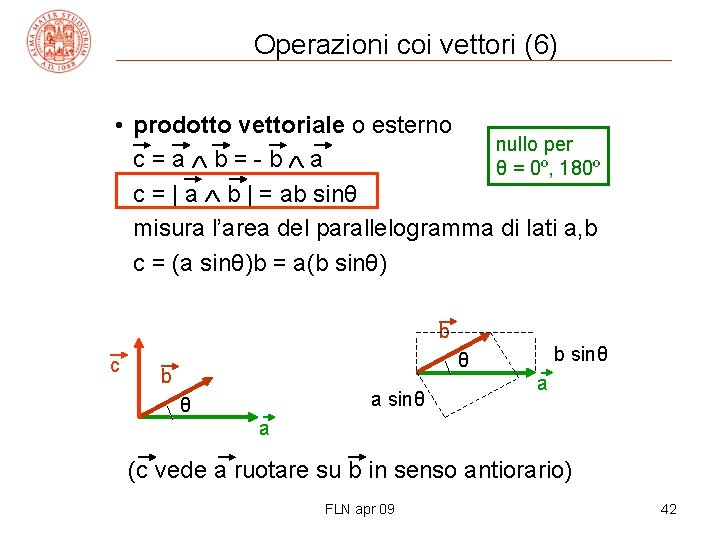 Operazioni coi vettori (6) • prodotto vettoriale o esterno nullo per c=a b=-b a