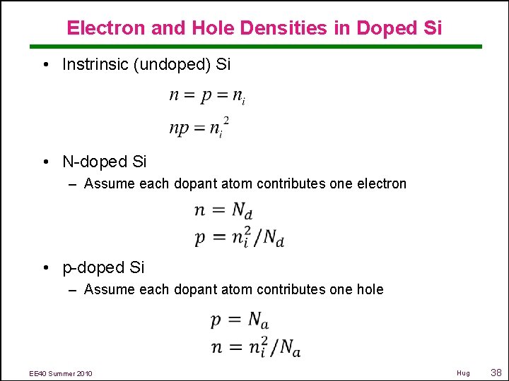 Electron and Hole Densities in Doped Si • Instrinsic (undoped) Si • N-doped Si