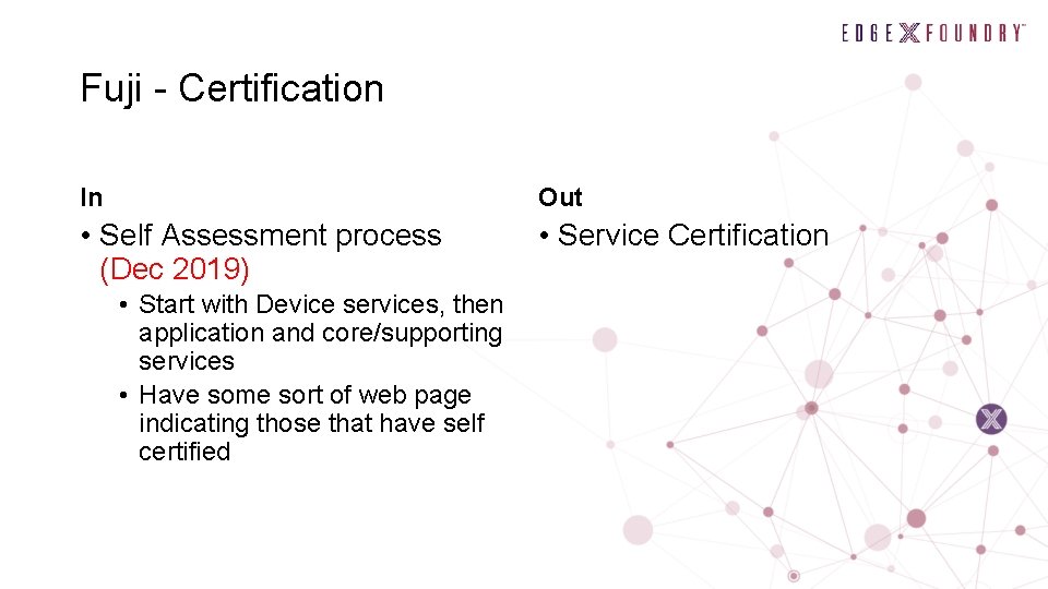 Fuji - Certification In Out • Self Assessment process (Dec 2019) • Service Certification