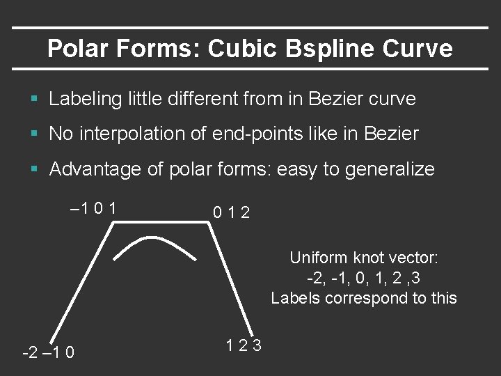 Polar Forms: Cubic Bspline Curve § Labeling little different from in Bezier curve § Polar Forms: Cubic Bspline Curve § Labeling little different from in Bezier curve §