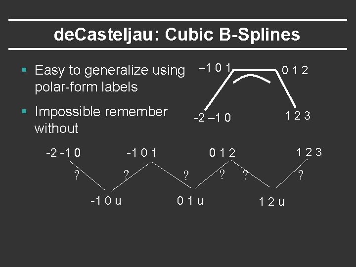 de. Casteljau: Cubic B-Splines § Easy to generalize using – 1 0 1 polar-form de. Casteljau: Cubic B-Splines § Easy to generalize using – 1 0 1 polar-form