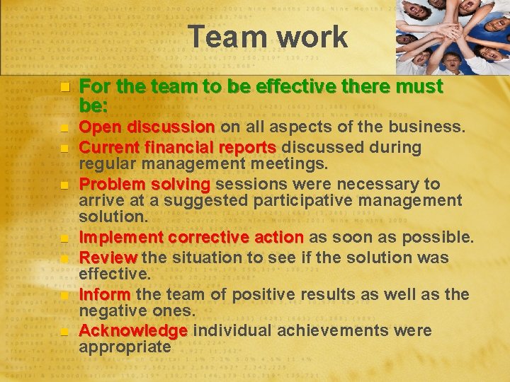 Team work n For the team to be effective there must be: n Open