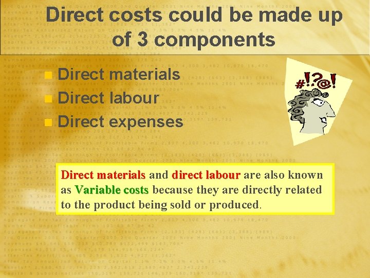 Direct costs could be made up of 3 components Direct materials n Direct labour