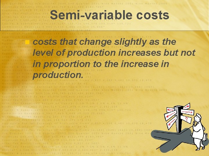 Semi-variable costs n costs that change slightly as the level of production increases but