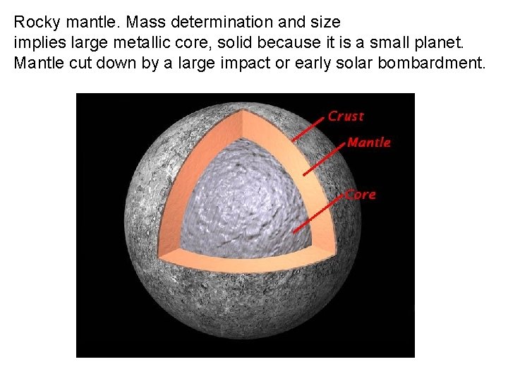 Rocky mantle. Mass determination and size implies large metallic core, solid because it is