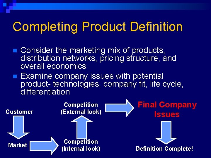 Completing Product Definition n n Consider the marketing mix of products, distribution networks, pricing