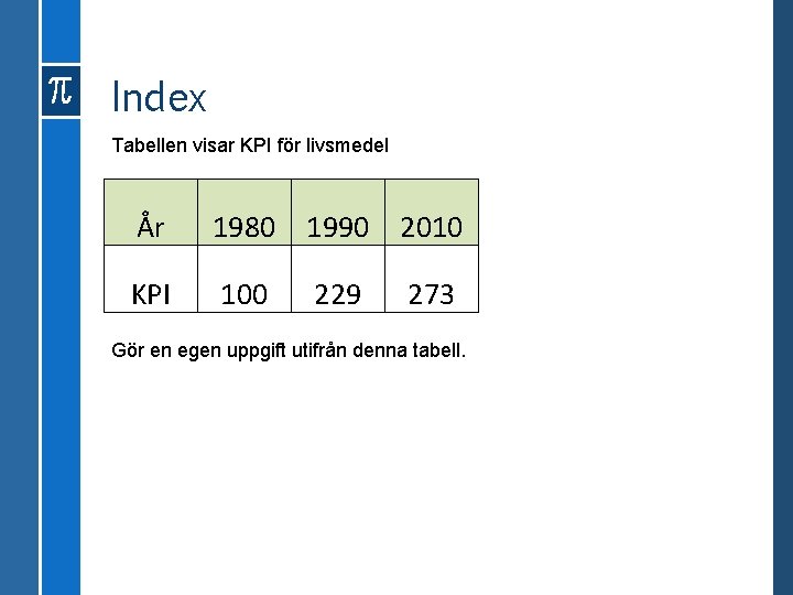 Index Tabellen visar KPI för livsmedel År 1980 1990 2010 KPI 100 229 273