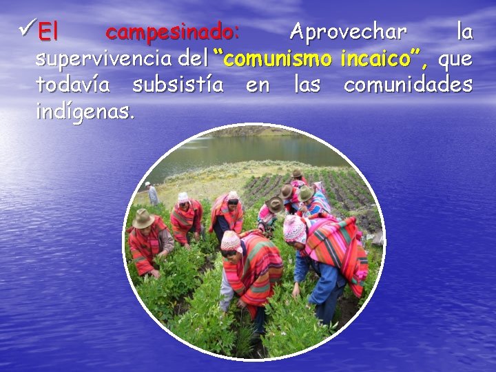 üEl campesinado: Aprovechar la supervivencia del “comunismo incaico”, que todavía subsistía en las comunidades