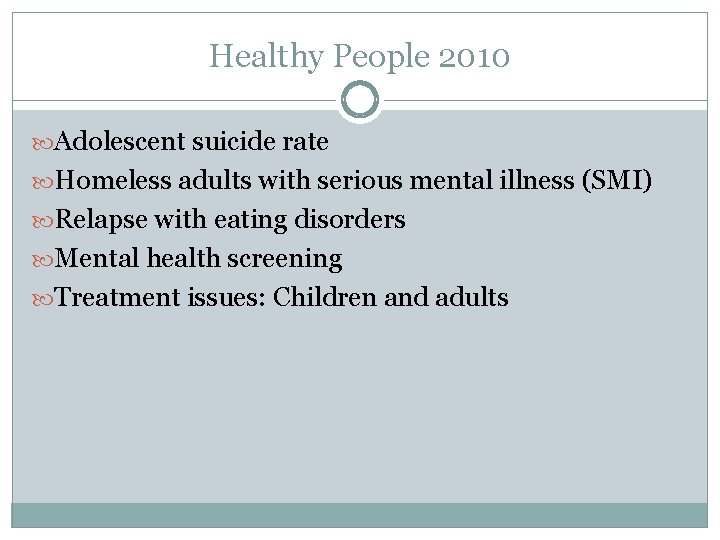 Healthy People 2010 Adolescent suicide rate Homeless adults with serious mental illness (SMI) Relapse