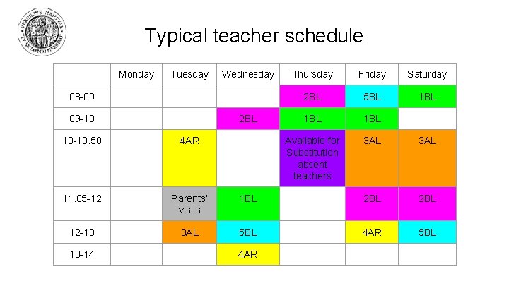 Typical teacher schedule Monday Tuesday Wednesday 08 -09 09 -10 2 BL Thursday Friday Typical teacher schedule Monday Tuesday Wednesday 08 -09 09 -10 2 BL Thursday Friday