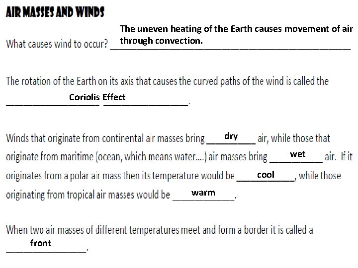 The uneven heating of the Earth causes movement of air through convection. Coriolis Effect