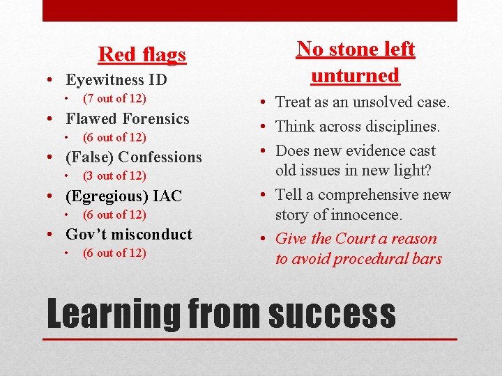 Red flags • Eyewitness ID • (7 out of 12) • Flawed Forensics • Red flags • Eyewitness ID • (7 out of 12) • Flawed Forensics •