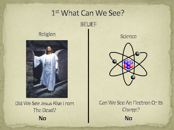 1 st What Can We See? BELIEF Religion Did We See Jesus Rise From