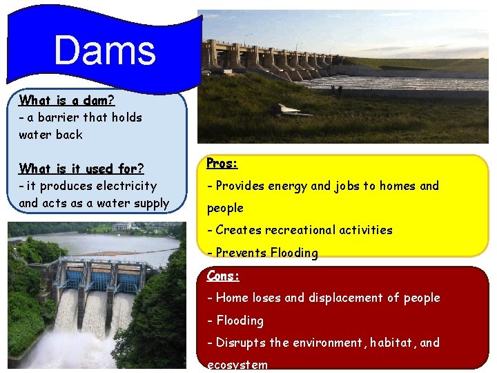Dams What is a dam? - a barrier that holds water back What is