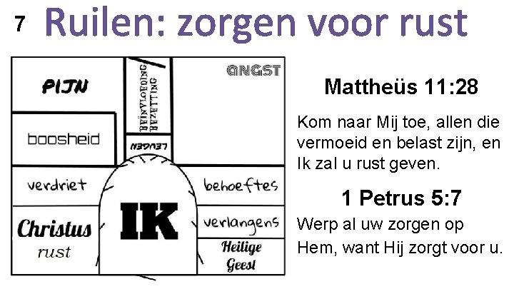 7 Mattheüs 11: 28 Kom naar Mij toe, allen die vermoeid en belast zijn,