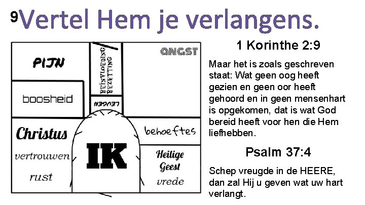 9 1 Korinthe 2: 9 Maar het is zoals geschreven staat: Wat geen oog