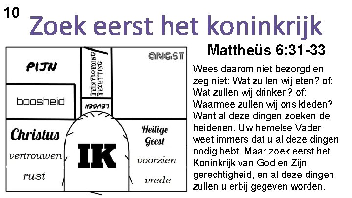 10 Mattheüs 6: 31 -33 Wees daarom niet bezorgd en zeg niet: Wat zullen