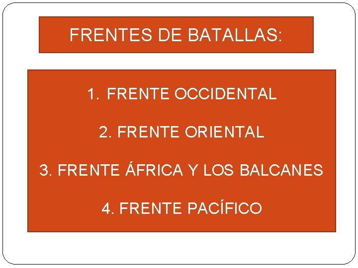 FRENTES DE BATALLAS: 1. FRENTE OCCIDENTAL 2. FRENTE ORIENTAL 3. FRENTE ÁFRICA Y LOS FRENTES DE BATALLAS: 1. FRENTE OCCIDENTAL 2. FRENTE ORIENTAL 3. FRENTE ÁFRICA Y LOS