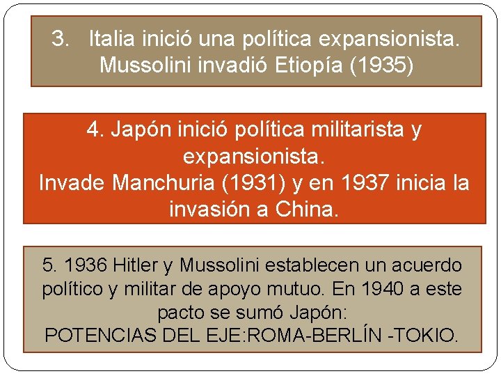3. Italia inició una política expansionista. Mussolini invadió Etiopía (1935) 4. Japón inició política 3. Italia inició una política expansionista. Mussolini invadió Etiopía (1935) 4. Japón inició política