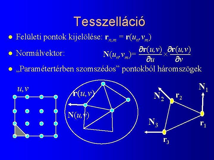 Tesszelláció l l l Felületi pontok kijelölése: rn, m = r(un, vm) r(u, v)