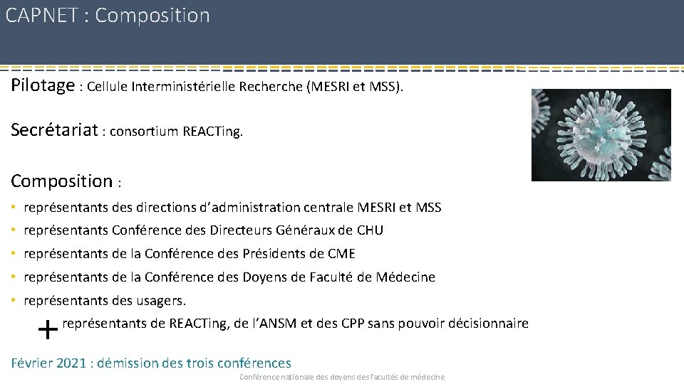 CAPNET : Composition Pilotage : Cellule Interministérielle Recherche (MESRI et MSS). Secrétariat : consortium