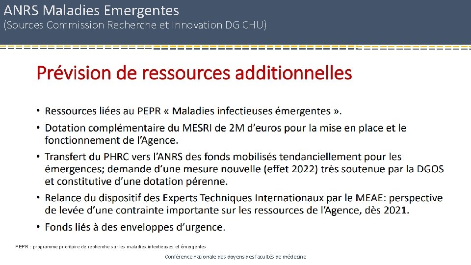 ANRS Maladies Emergentes (Sources Commission Recherche et Innovation DG CHU) PEPR : programme prioritaire