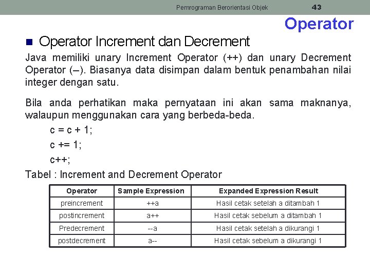 Pemrograman Berorientasi Objek 43 Operator n Operator Increment dan Decrement Java memiliki unary Increment