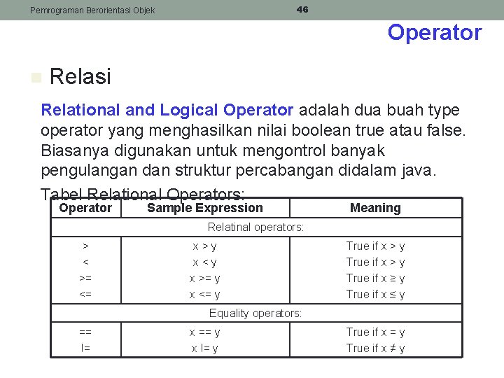 46 Pemrograman Berorientasi Objek Operator n Relasi Relational and Logical Operator adalah dua buah