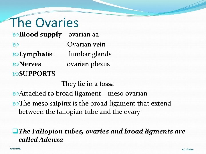 The Ovaries Blood supply – ovarian aa Ovarian vein Lymphatic lumbar glands Nerves ovarian