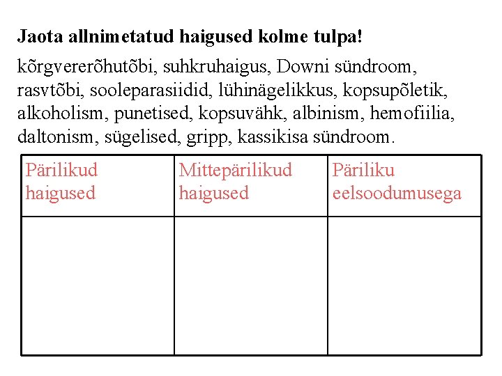 Jaota allnimetatud haigused kolme tulpa! kõrgvererõhutõbi, suhkruhaigus, Downi sündroom, rasvtõbi, sooleparasiidid, lühinägelikkus, kopsupõletik, alkoholism,