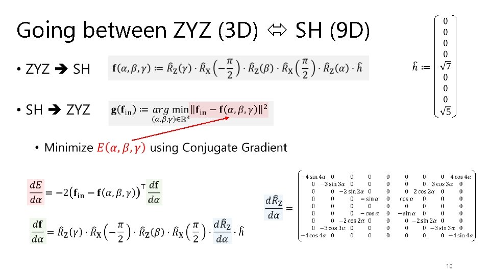 Going between ZYZ (3 D) SH (9 D) • 10 