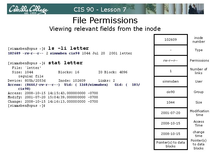 CIS 90 - Lesson 7 File Permissions Viewing relevant fields from the inode [simmsben@opus